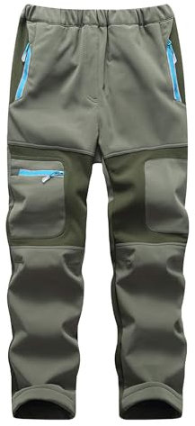 Yenwits Kinder Softshellhose gefüttert Skihose wasserdicht Thermohose Wanderhose Trekkinghose Schneehose Winter Outdoorhose Cargohose für Jungen und Mädchen(9056,Armeegrün,140-152