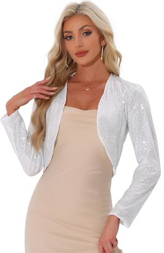Allegra K Damen Pailletten Festlich Party Jacke Vorne Offen Kurz Glitzernder Bolero Silber XL