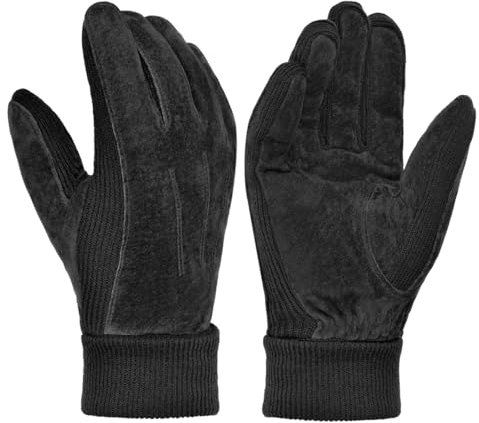 Harssidanzar Herren Winterhandschuhe warm Wolle Fleece gefüttert Wildleder Handschuhe SM045EU,Schwarz,Größe XL