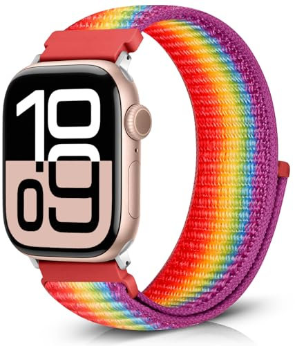 Bcuckood Nylon Sport Armband Kompatibel mit Apple Watch 49mm 46mm 45mm 44mm 42mm für Damen Herren, Sport Solo Loop Armband für iWatch Serie 10 9 8 7 6 5 4 3 2 1 Ultra SE, Offizieller Regenbogen