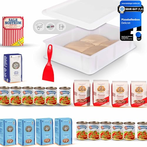 Delicret - Pizza-Kit - 12x 400g San Marzano Tomaten + 4kg Caputo 4x 1kg Pizzeria + Molino Dallagiovanna 4 kg Pizzamehl Typ 00 La Napoletana, 1 kg Semolamehl, 1x Pizzaballenbox, Pizzateig-Kit