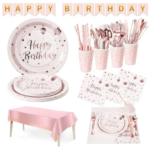 DN DENNOV 162 pcs Couverts de fête Set Rose et Or Rose Comprend des assiettes en papier des tasses des pailles et une banderole pour mariages, baby shower, fiançailles, anniversaires (20 invités)