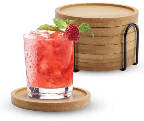 6 Pièce Dessous de Verre en Bambou,sous Verres Rond en Bambou,Dessous de Verre avec Support de Rangement,Réutilisables Coasters de Bambous,10x10 cm sous Tasse,pour Thé Mug,Tasses à Café,Bougies