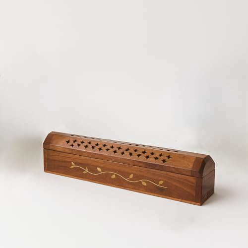 Rushant Wooden Incense Holder, Dark Brown Pyramid Tower with Ash Catcher, Sheesham Wood, 31x6.5x5.5 cm, for Cone and Stick Incense (Leaf Design Box)