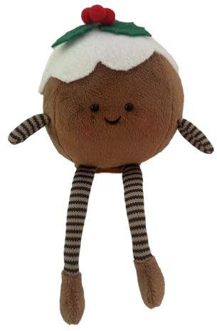 Gisela Graham Christmas Decoration Plush Pudding with Holly – Festive Soft Christmas Pudding Ornament with Striped Legs, 18.5cm