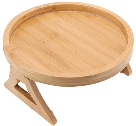 CECOMBINE Natural Wood Sofa Side Tables Tray, Round Portable Arm Tray Table, Foldable Sofa Armrest Clip On Tray Couch Arm Rest Organizer