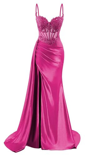 HPPEE Vestido de fiesta de satén con tirantes delgados para mujer, con abertura y apliques de encaje, vestido de fiesta formal, fucsia, 36