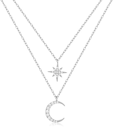 HinDaLi Kette Stern Mond Sonne Halskette Silber 925 für Damen Mädchen | Damen Kette Silber Halskette Damen Diamant Ketten mit Anhänger Stern Mond Sonne Choker Halskette Silber Halsketten für Frauen