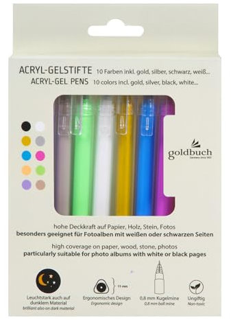 goldbuch 10 111 bolígrafos de gel acrílico con 10 bolígrafos de color negro, morado, marrón, verde, blanco, dorado, azul, rosa, amarillo, plata, lápices de colores ideales para páginas en blanco y