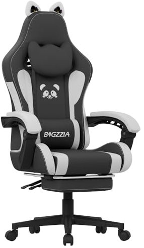 bigzzia Gaming Stuhl, Ergonomischer Gaming Stuhl mit Katzenohren für Mädchen Erwachsene,Höhenverstellbarer Rückenlehne Gaming Chair Komfortable Kopfstütze und Massage Lendenwirbelstütze (Schwarz-Weiß)