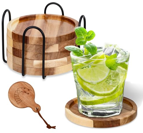 BBWELL Posavasos para Bebidas,6 Posavasos para Vasos, Posavaso Redondos para Vasos,Bordes Elevados Bandeja Redonda de Madera para Bar, Vidrio