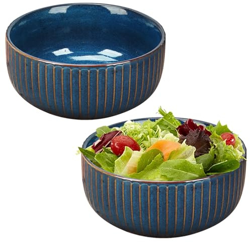Hebaogugu Large Salad Bowl, 2 Packs Round Serving Bowls for Noodle, Cereal, Salad, Blue Fruit Bowls with Golden Line for Home, Restaurant(1000ml+1000ml)