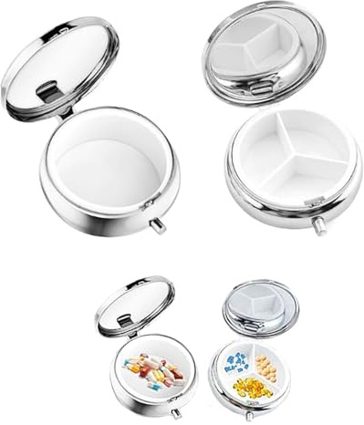 2 Stück Pillendose Klein,Tablettendose,für Unterwegs,Pillenbox,Pillendöschen,Pill Box,Metall,Rund Tragbare Pillendöschen,Medikamentenbox,Mini-Pillenbox,Mini,Kleine Metall,3 Fächer,Tägliche/Reise