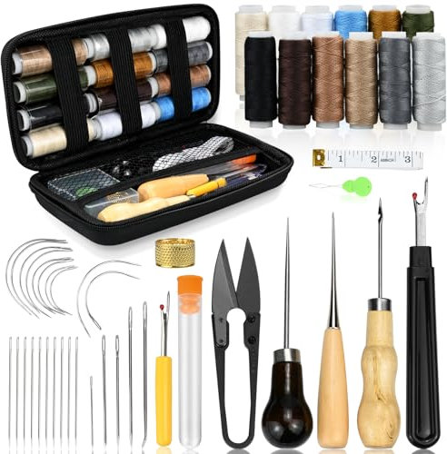 Leder Nähset, 48 Stück Leder Werkzeuge Set, Ledernähset mit Nähnadeln, Hochleistungs-Nähset mit Nähnadeln, Nähgarn für Reparaturen, Nähahle, Handnähen, Leder Werkzeuge Set für DIY Handwerk