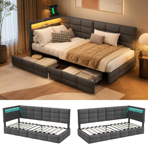 Polsterbett Schlafsofa 90x200 mit LED-Beleuchtung, Kinderbett Einzelbett mit Stauraum Schubladen und Kopfteil, Tagesbett Jugendbett Bettgestell mit Lattenrost, ohne Matratze (Graues Leinen 90cm)