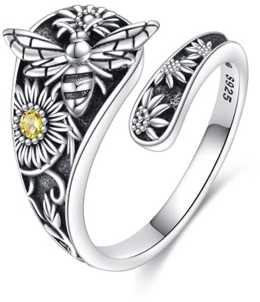 YONFQE Bienen Ring 925 Sterling Silber Bienen Löffel Ring Sonnenblume Geschenke für Frauen