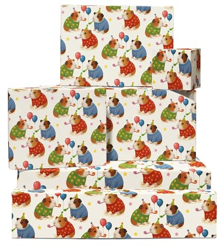 weiß Meerschweinchen Pig Geschenkpapier - 6 Blätter with Party Hat Pigs & Luftballons Geburtstag für Kids, Jungen Mädchen Weihnachten Feste, Pet Parties Kommt Tags by Central 23