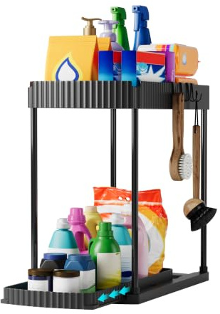 FLOWCASA Küchen Organizer ausziehbar, Schrank Organizer, 1 Stück, Schwarz | Spülschrank und Küchen Organizer mit ausziehbarer Ablage, 5 Haken und Unter-Waschbecken-Regal für Küche und Bad.