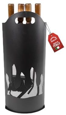 MOHOME Set Camino Attrezzi Kit 5 Utensili Durevoli Made in Italy Resistenti al Calore Scopino Attizzatoio Paletta Pinza Portattrezzi Accessori Caminetto Stufa a Legna con Manici in Legno Ergonomico