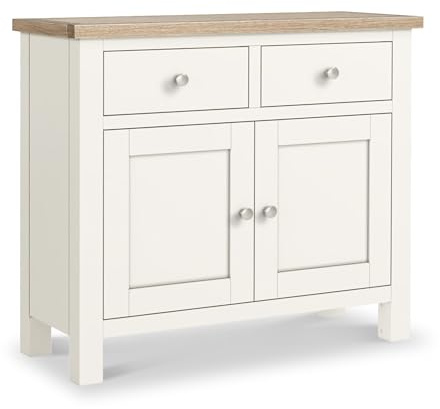 RoselandFurniture Farro Coconut White Small Sideboard for Living Room | Fully Assembled, 2 Door Buffet Cabinet with Washed Oak Top, Painted Finish, Modern Farmhouse Style, H80cm W90cm D36cm
