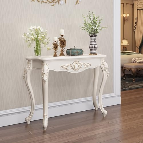 ZUGIATP Halbrunder Telefontisch Aus Holzwerkstoff, Schlichter Flurschrank Mit Floralen Schnitzereien Und Cabriole-Beinen Für Wohnzimmer Und Flur(Ivory with Gold Trim,70cm/27.6in)