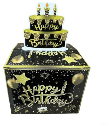 Happy Birthday Geldkassette, 1 Packung, 13 x 13 x 10 cm, Überraschungsgeldhalter, elegantes Geschenk für Freunde und Familie (Schwarzgold)
