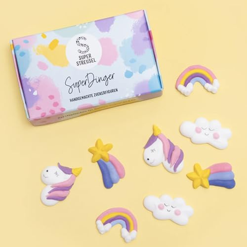Super Streusel SuperDinger Regenbogenland - Einhorn Zuckerfiguren (25g) | Handgemachte Einhorn Zuckerfiguren mit Sternschnuppen, Tortendeko für Kindergeburtstag Mädchen