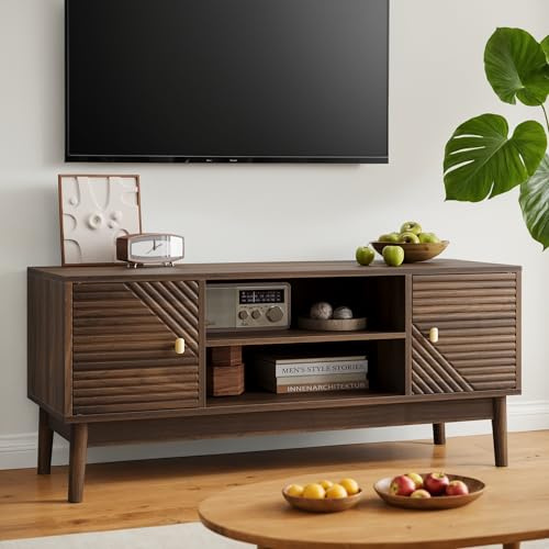 Kelodan Mid-Century Modern TV-Ständer 110 cm für 32/45 Zoll Fernseher, Entertainment-Center mit Stauraum, Medienkonsolentisch für Wohnzimmer und Schlafzimmer, Walnuss