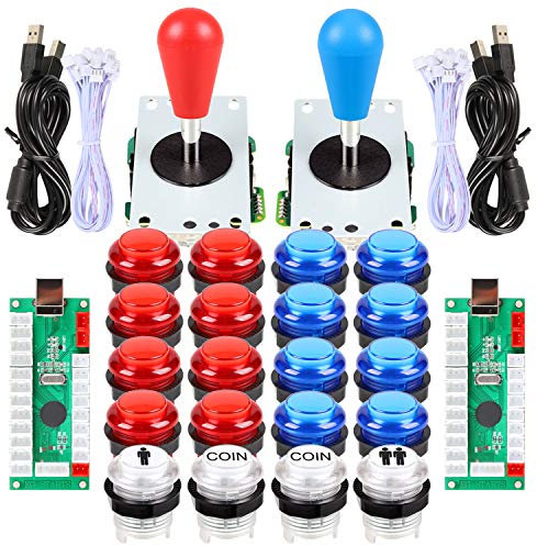 EG STARTS 2 Giocatori LED Arcade parti fai da te 2X USB Encoder + 2X Ellipse stile ovale Joystick + 20x LED Arcade Pulsanti per PC MAME Raspberry Pi Sistema Windows (Rosso & Blu)