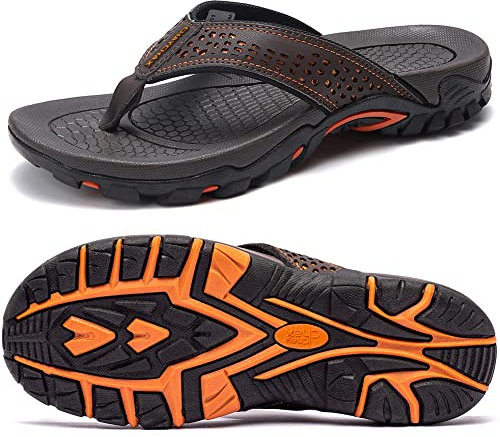 ChayChax Tongs Homme Sandales de Sports Soutien de Voûte Plantaire Flip Flop Chaussures de Plage et Piscine Antidérapant,Marron,47 EU
