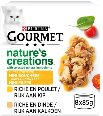 GOURMET Nature's Creations - pâtée Chat Bouchées Poulet et Dinde - 8 x 85 g | Nourriture Chat Ingrédients Naturels au Poulet, Épinards, Tomates, Dinde, Panais - Recettes de France - Repas Chat
