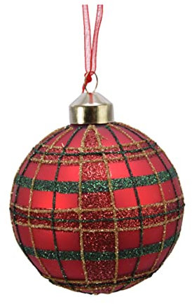 Christmas Decorations Weihnachtskugeln Glas 8cm x 3 Stück mit Glitzer Muster kariert Schottenkaro Karo weihnachtsrot