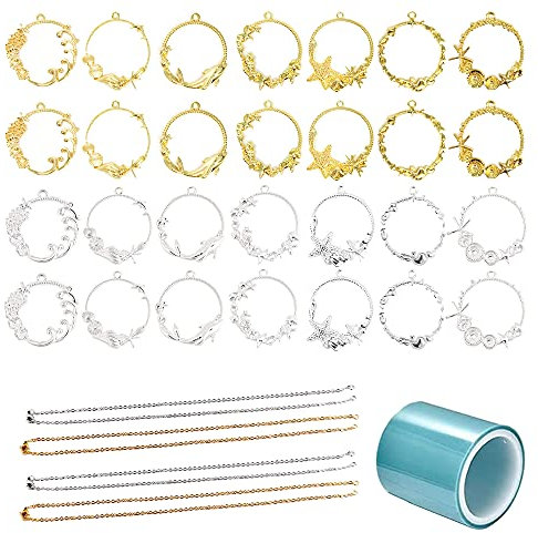 Allazone 35 Stück Lünette Rahmen Anhänger Charm, 28 Stück Thema Meer Offene Lünette Anhänger Gießform Schmuck, Anhänger Zubehör Tabletts and Kette für DIY Harz,gedrückt Blume Schmuck