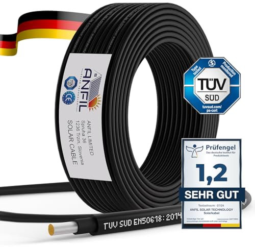 ANFIL Cavo di Prolunga per Pannelli Solari - Nero e Rosso 4 mm2 6 mm2-1800 V DC Nominale - Cavo di Qualità a Doppio Isolamento (10m, 6mm2 Nero)