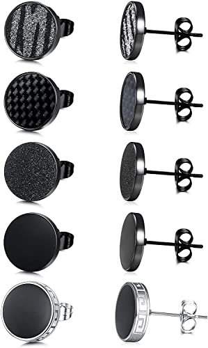 JeweBella 5 Paar Ohrringe Herren Edelstahl Runde Schwarz Matt Knorpel Piercing Ohrstecker Set für Damen Männer Hypoallergen Ohrstecker Herren Schmuck 8/10/12MM