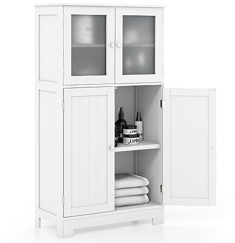 GIANTEX Armoire de Rangement Haute à 4 Portes, Colonne Salle de Bain Étagère Réglable à 3 Niveaux, Commode en Bois Convient pour Toilette, Salon, Cuisine, 30 x 60 x 109 cm, Blanc (Blanc)