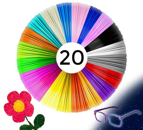 JLORENZ, Filamento Pla, Penna 3D, 20 Colori, 2 Fluorescenti, 5 MT l' uno, Stampante 3D, Fibra Naturale, Elevata Tolleranza e Precisione, i