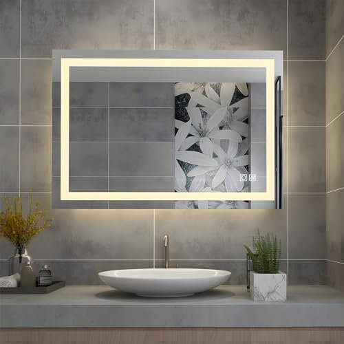 MIQU Badspiegel LED 80 x 60 cm Badezimmerspiegel mit Beleuchtung warmweiß/kaltweiß dimmbar Lichtspiegel Wandspiegel mit Steckdose + beschlagfrei + Touch