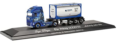 herpa 122238 Volvo FH Gl. XL 2020 Tankcontainer-Sattelzug „Ingo Dinges“ originalgetreu im Maßstab 1:87, Modell LKW für Diorama, Modellbau Sammlerstück, Deko Miniaturmodelle, weiß blau
