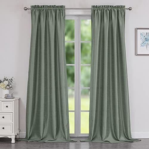 Chyhomenyc Uptown Sage Green Faux Silk Curtains 96 Inch Length 2 Panels for Bedroom, Shiny Luxury Room Darkening Slub Textured Soft Fabric Rod Pocket Window Drapes, Each 40x96 Inches, 8 FT