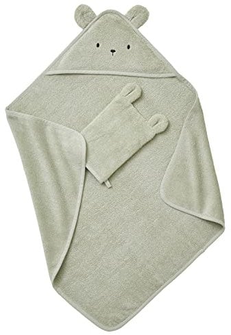 VERTBAUDET Kapuzenbadetuch + Waschlappen, Bio-Baumwolle, Mandel, 70 x 70 cm