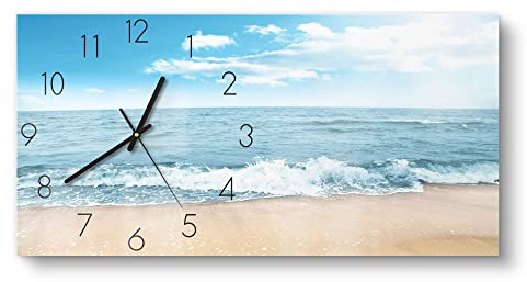 DEQORI Glasuhr | vertikal 60x30 cm | Motiv Wellen am Strand | große XXL Design Uhr aus Glas | leise Wanduhr für Wohnzimmer & Küche | moderne Hingucker Uhr für die Wand
