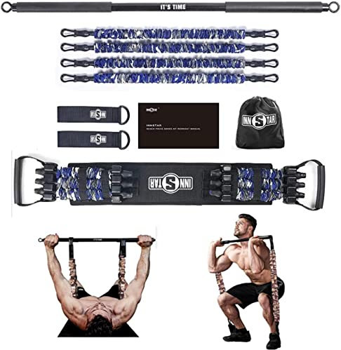 INNSTAR Portable Home Gym, Verstellbares Widerstandsband mit Stange und Kniebeugen-Bändern für Heimtraining, Bankdrücken Brusttrainer Resistance Band Set für Brust, Arm, Beintraining (105LB|Women)
