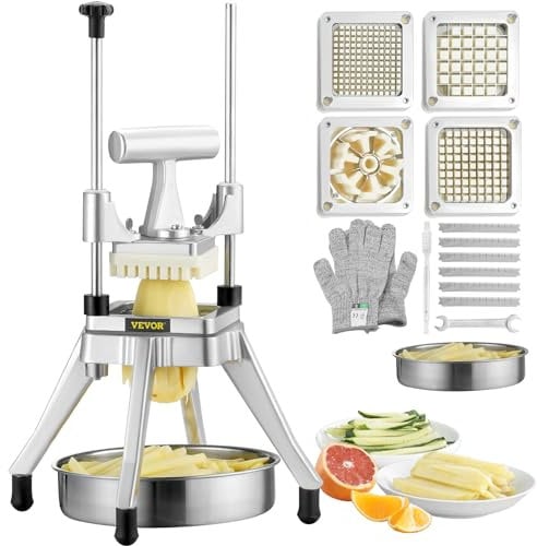 VEVOR Coupe-Frites Professionnel Manuel Coupe-Légumes Multifonction avec 4 Lames en Inox 12,7/6,4/9,5 mm et Coupeur à 6 Quartiers Coupe-Fruits en Bâtonnets avec Lames de Rechange Cuisine Restaurant