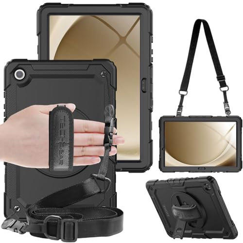 TECHGEAR UTILITY Case fits Samsung Galaxy Tab A9 Plus 11 (SM-X210 / SM-X215) Tough Rugged HEAVY DUTY Armour Shockproof Impact Case with 360 Rotating Stand, Hand Strap & Shoulder Strap - Black