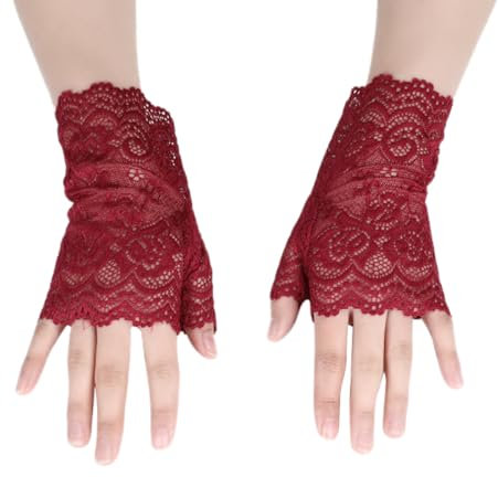 Whakano 1 Paar Damen Fingerlose Spitzen Handschuhe,Kurze Hochzeitshandschuhe,Kurz Geschnittene Fingerlose Gloves Damen Mädchen Braut,für Halloween,Bankett,Party,Hochzeit,Tea Party Zubehör,Weinrot