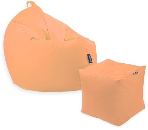 Premium 2-in-1 Sitzsack mit Füllung | Fußhocker | für Kinder & Erwachsene | Outdoor & Indoor | Sitzkissen | Bodenkissen | Wasser- & schmutzabweisend + Sitzpouf 35x35x35cm (Orange, 125 CM + Sitzspouf)