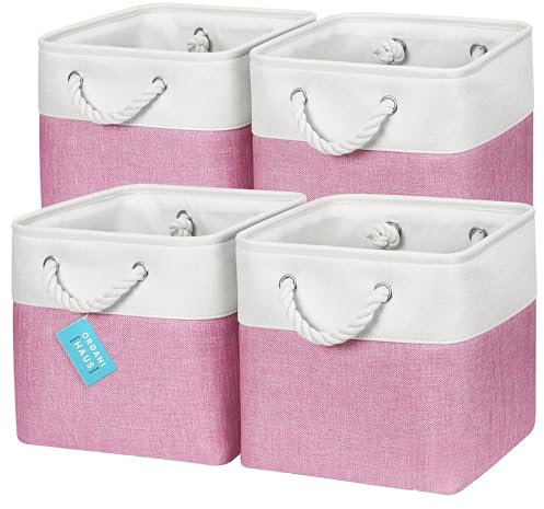 OrganiHaus Aufbewahrungsbox 28x28cm 4er-Set, Würfelkörbe aus Stoff mit Seilgriffen, Faltbare Aufbewahrungswürfel für Kallax Organizer, Ablagekörbe für das Kinderzimmer Rosa/Weiß