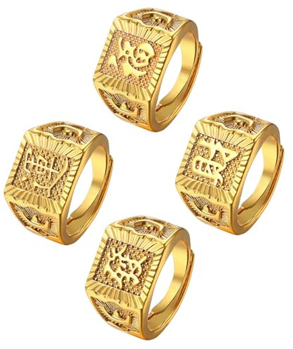JewelryWe Ringe Herren Gold Siegelringe: 4pcs Herren-Ring Vergoldet Reich/Glück/Reichtum/Erfolg Offener Ring Band Siegelring Bandring mit Gravur einstellbare Größe Geschenk für Männer Vater Freunde