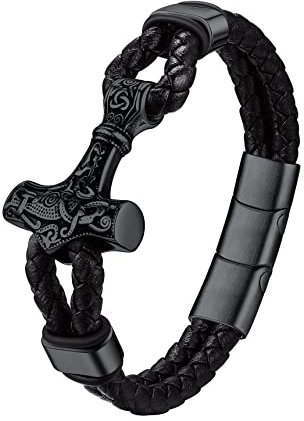 Bestyle personalisiertes Armband 23cm Wachsschnur Armbänder mit Schwarz Thors Hammer geflochten Lederarmband mit Magnet Verschluss Manschette Armkette Modeschmuck für Herren Jungen